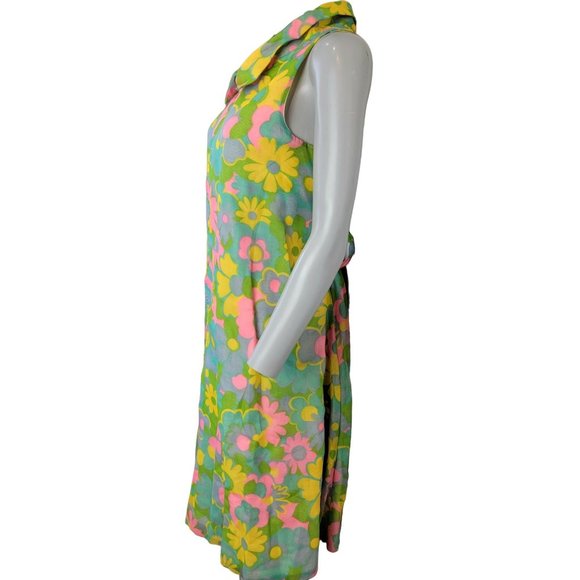 Vintage 60s Colorful Floral Mod Dress Women Medium Knee Length Collar 8 Summer M - Picture 9 of 14